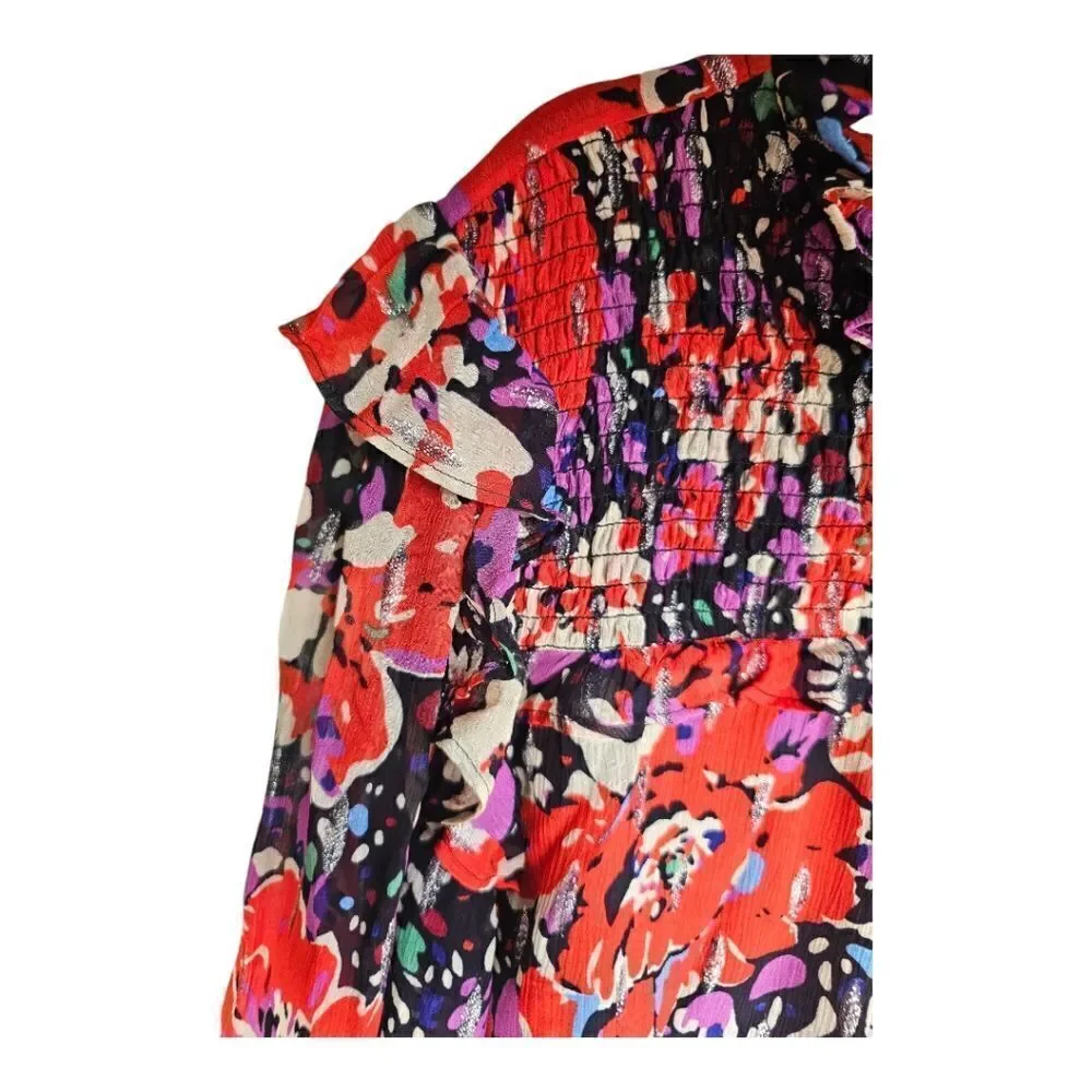 J CREW Smocked Popover‎ Top in Lurex Dot Floral Print - Size Medium